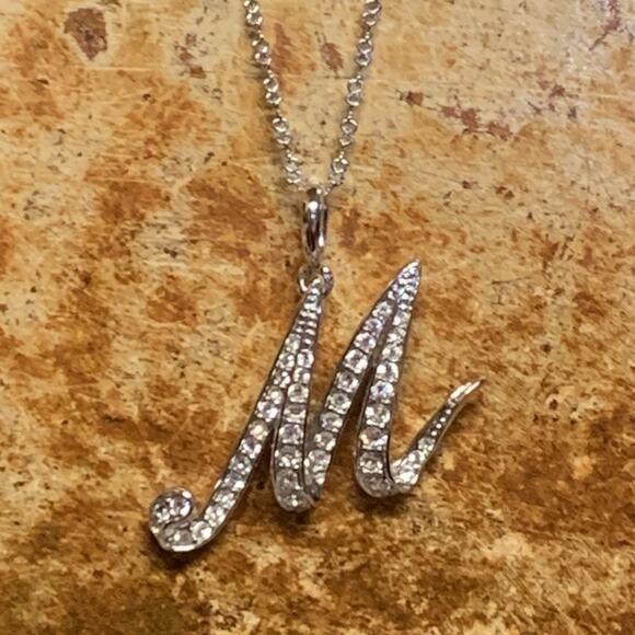 Nolan Miller Letter "M" Initial Silver and Crystal Necklace - Picture 1 of 7